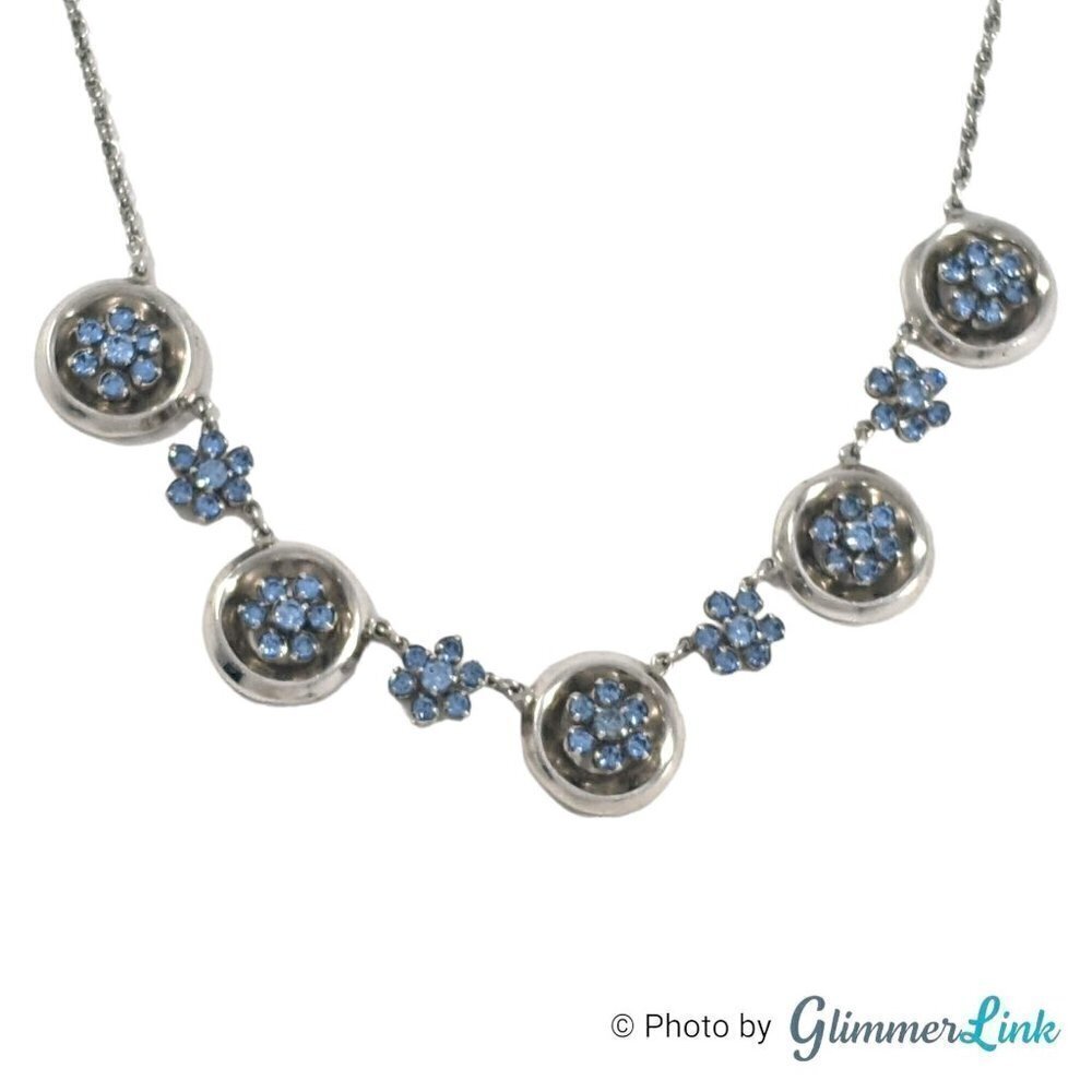 Vintage Pale Blue Rhinestone Floral Cluster Silver Tone Circle Choker Necklace